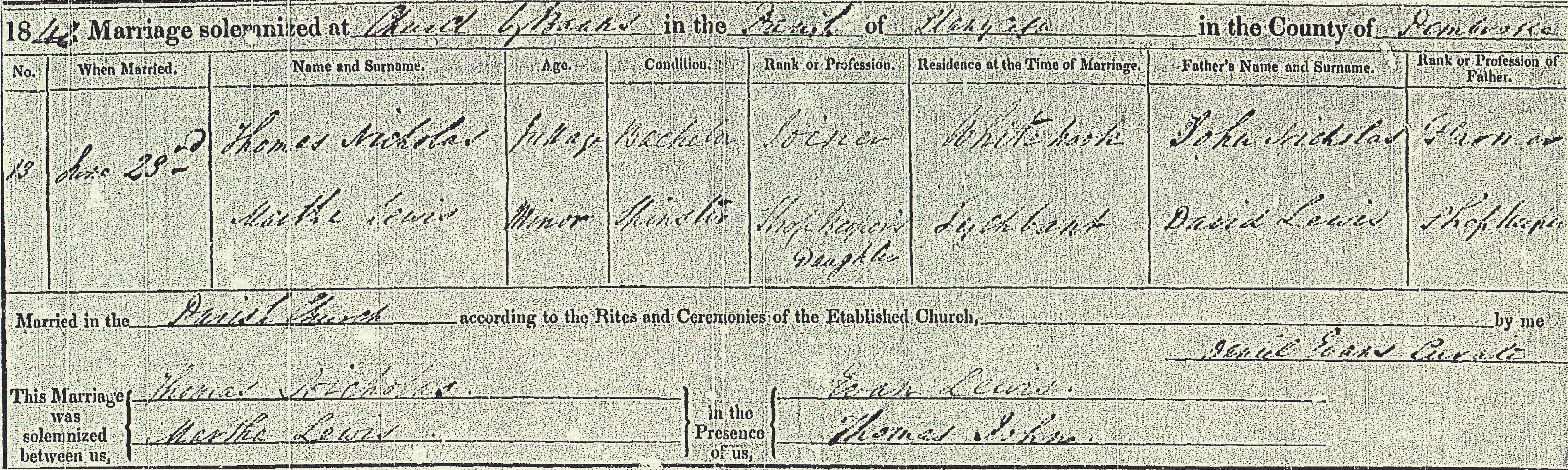 How did Thomas Nicholas meet Martha Lewis?